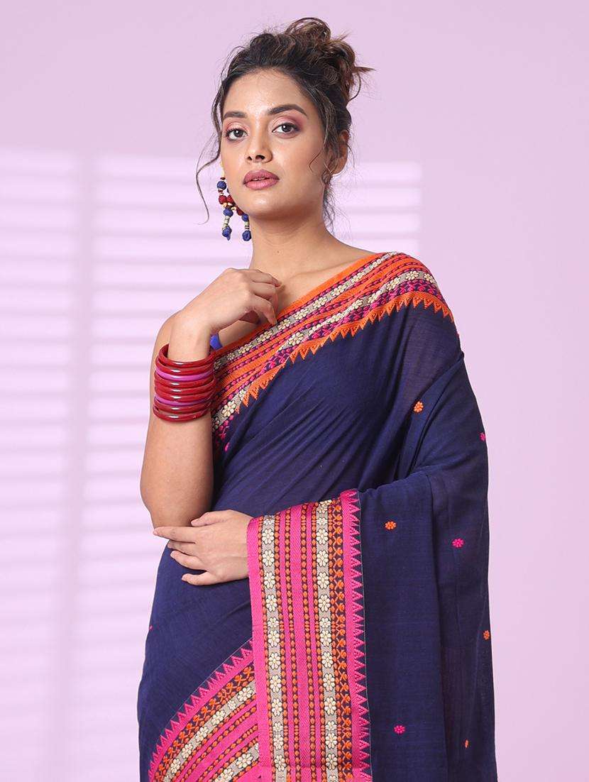 blue cotton handloom saree with blouse - 22042788 -  Standard Image - 2