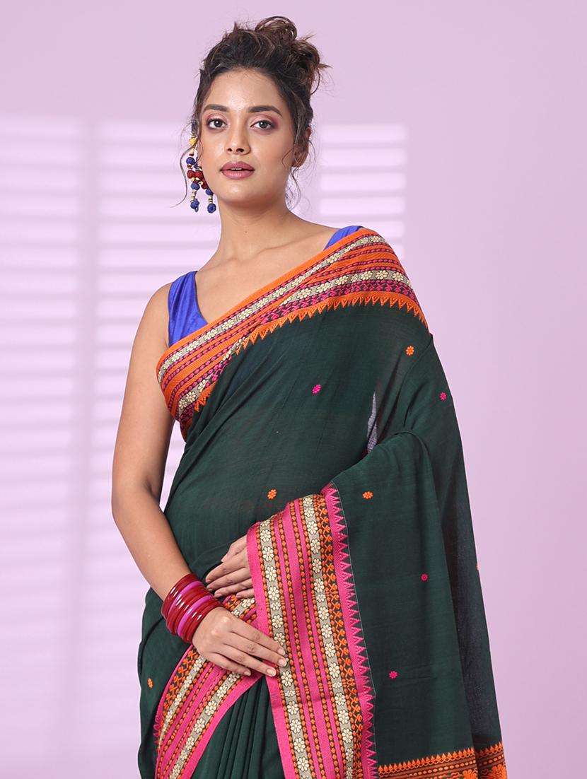 green cotton handloom saree with blouse - 22042789 -  Standard Image - 2
