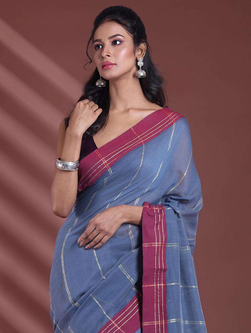 women striped handloom saree with blouse - 22042793 -  Standard Image - 2