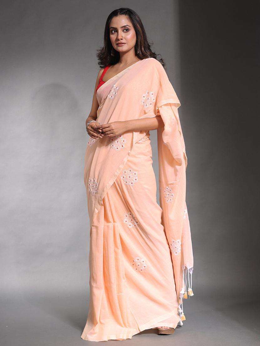 women solid with work embroidered saree with blouse
