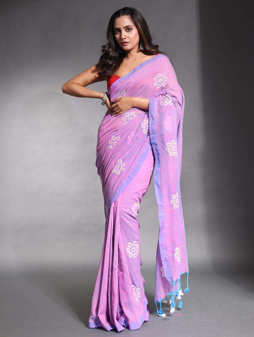 women solid with work embroidered saree with blouse