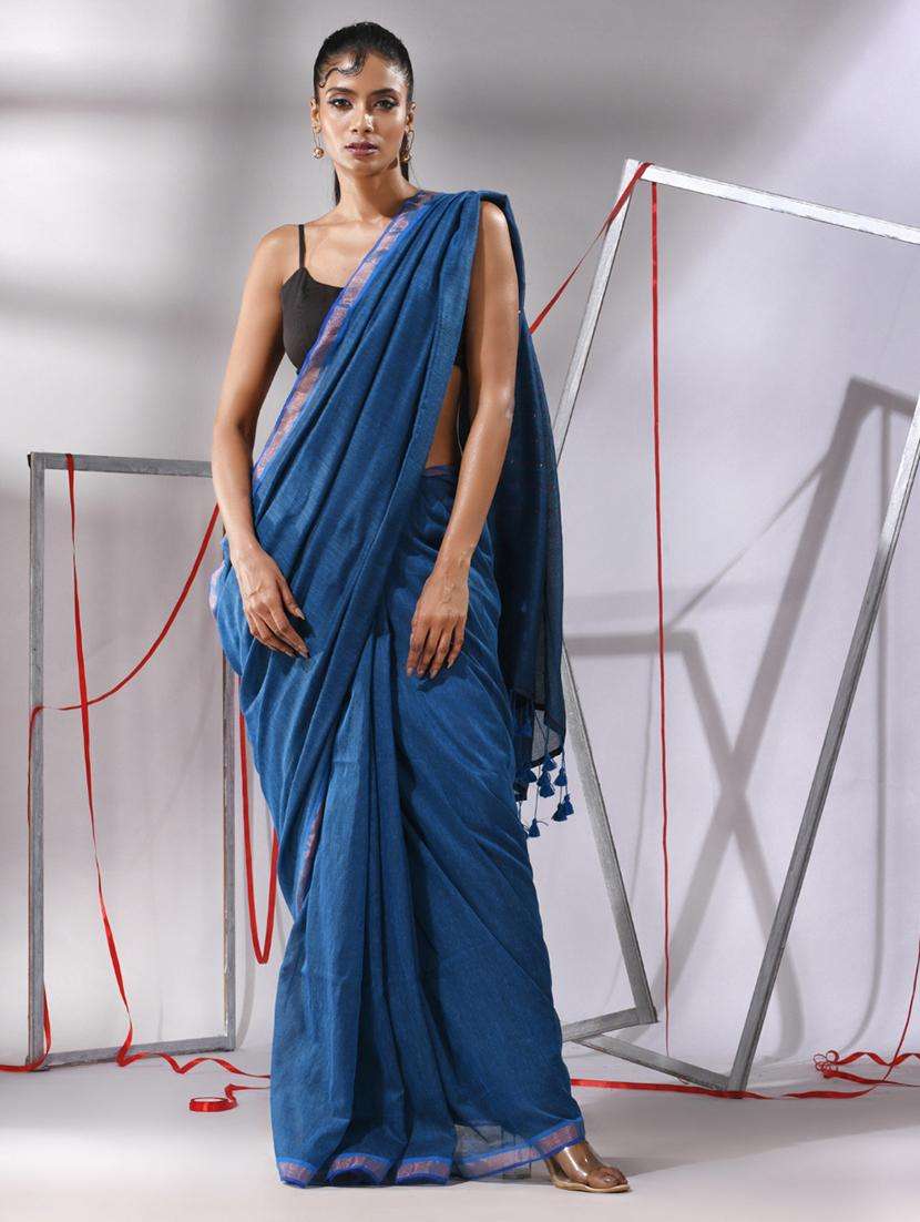 women blue handloom saree with blouse