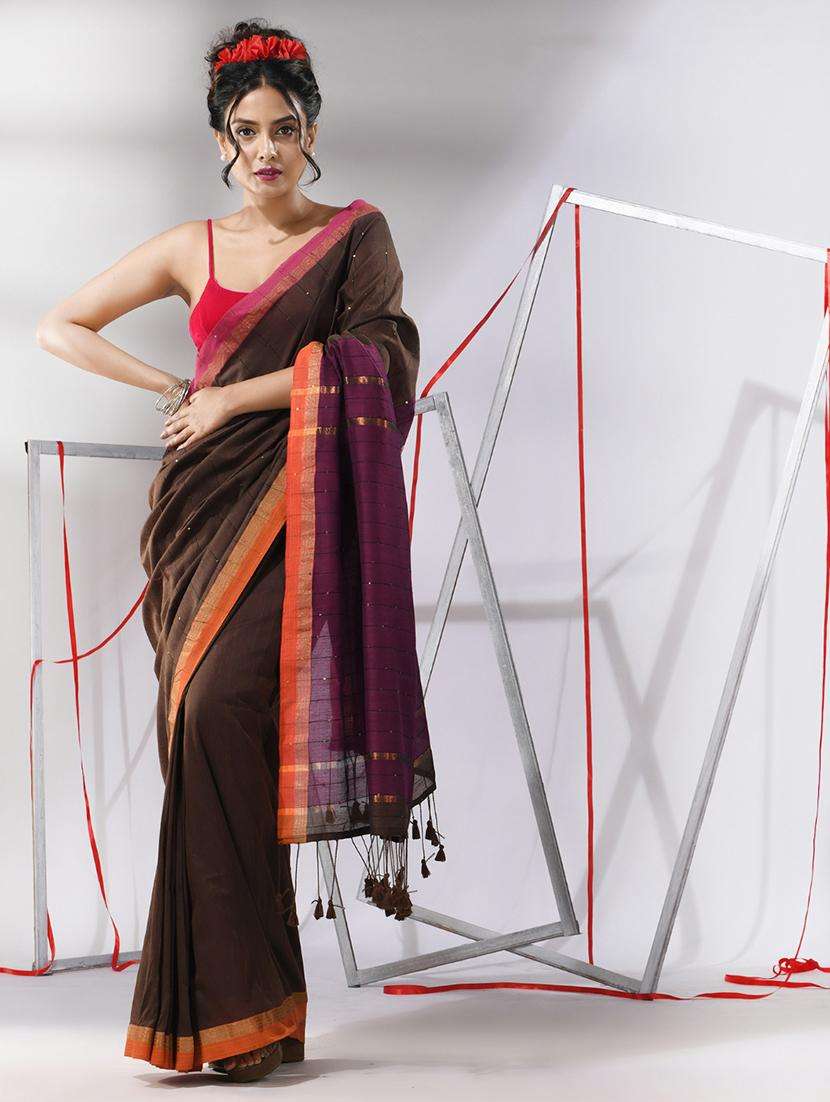 women brown handloom saree with blouse