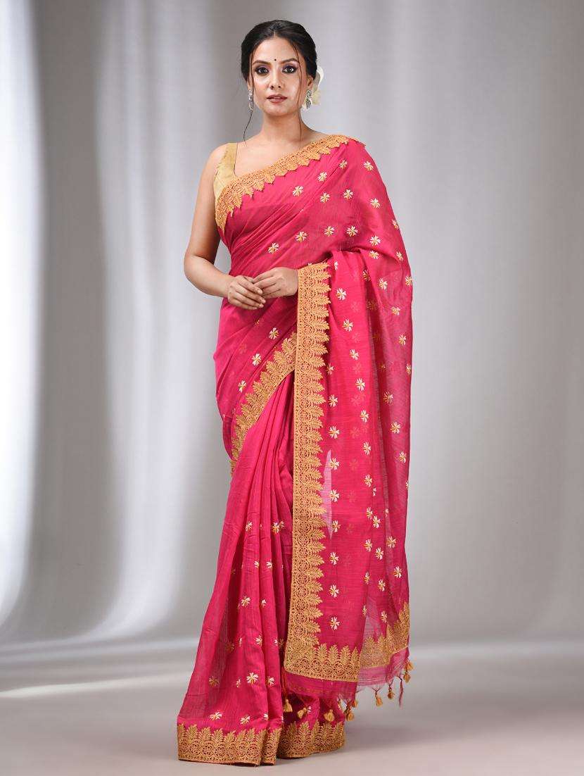 women solid with work bordered saree with blouse