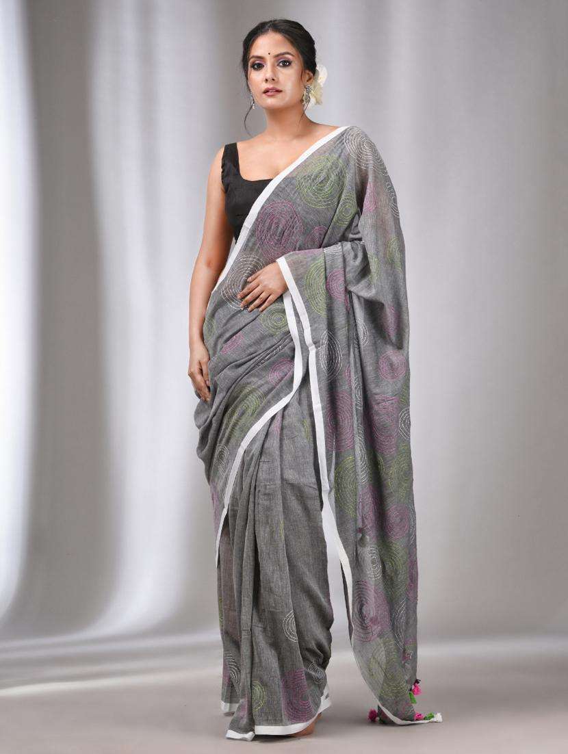 women solid with work handloom saree with blouse