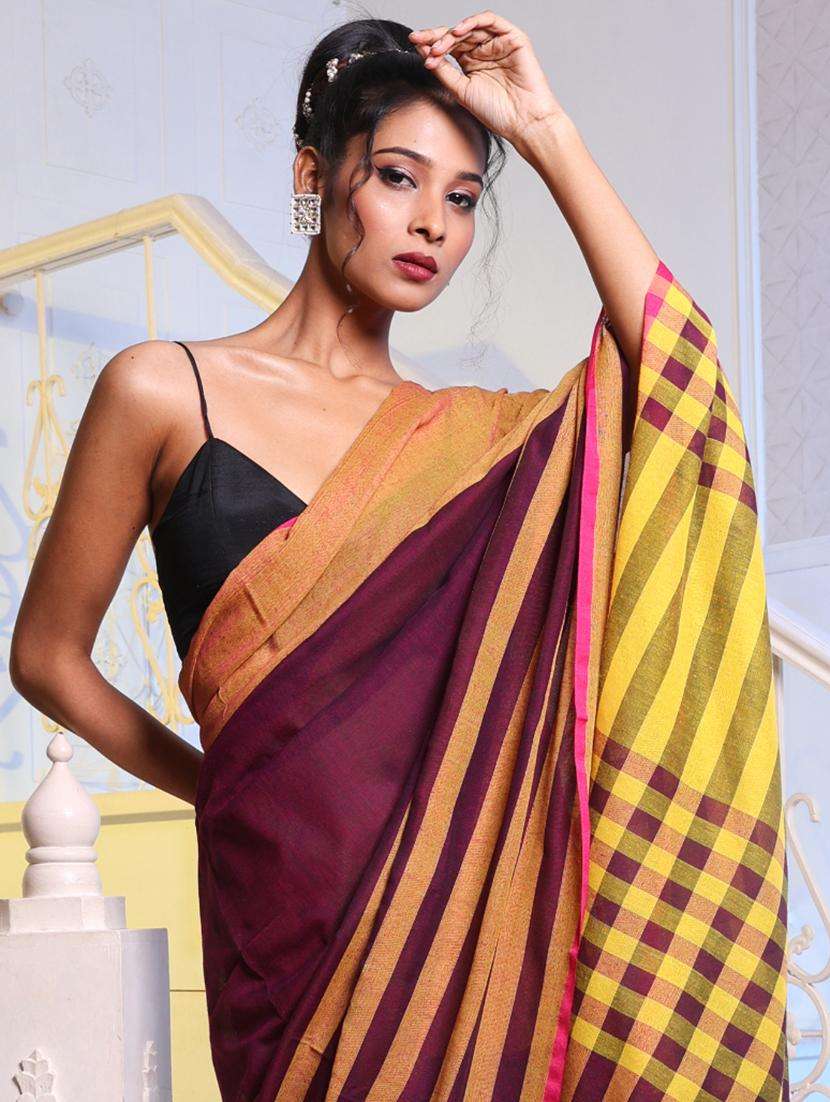 women striped handloom saree with blouse - 22043663 -  Standard Image - 2