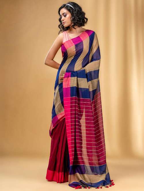 women striped handloom saree with blouse - 22043734 -  Standard Image - 0