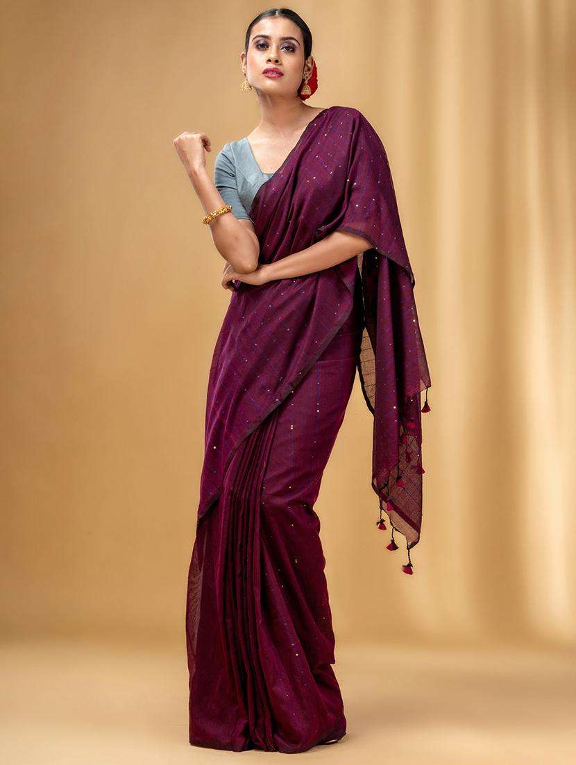 women solid with work handloom saree with blouse