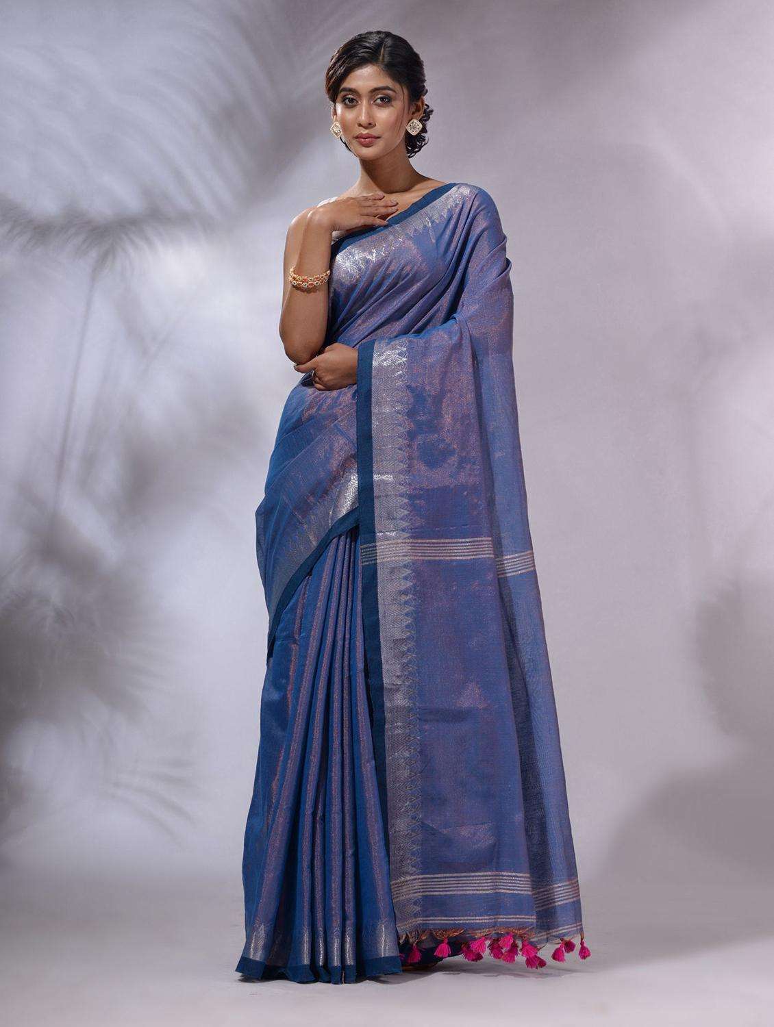 women blue handloom saree with blouse
