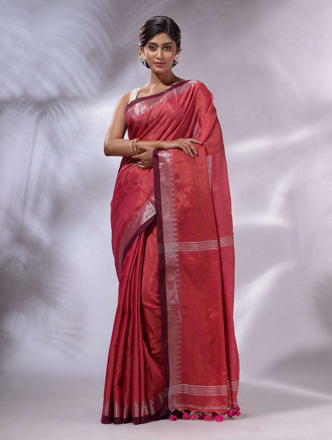 women pink handloom saree with blouse