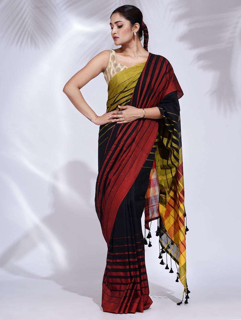 women striped handloom saree with blouse