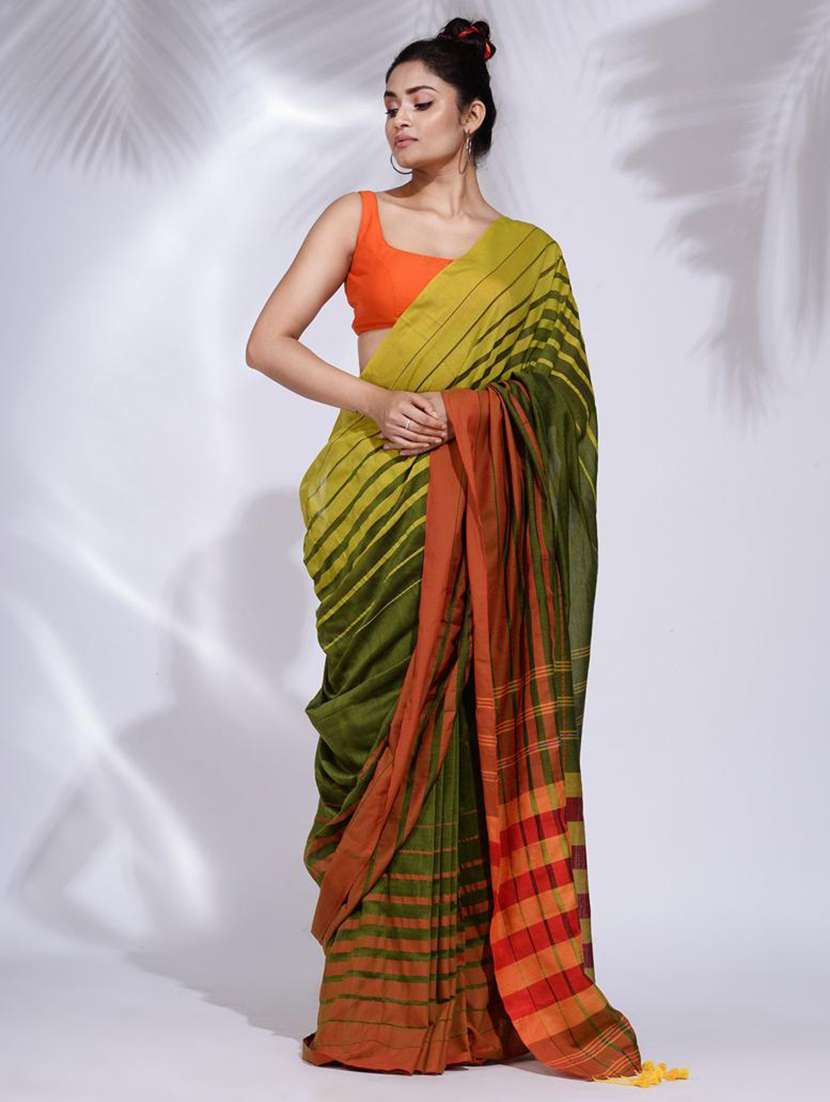 women striped handloom saree with blouse - 22045678 -  Standard Image - 2
