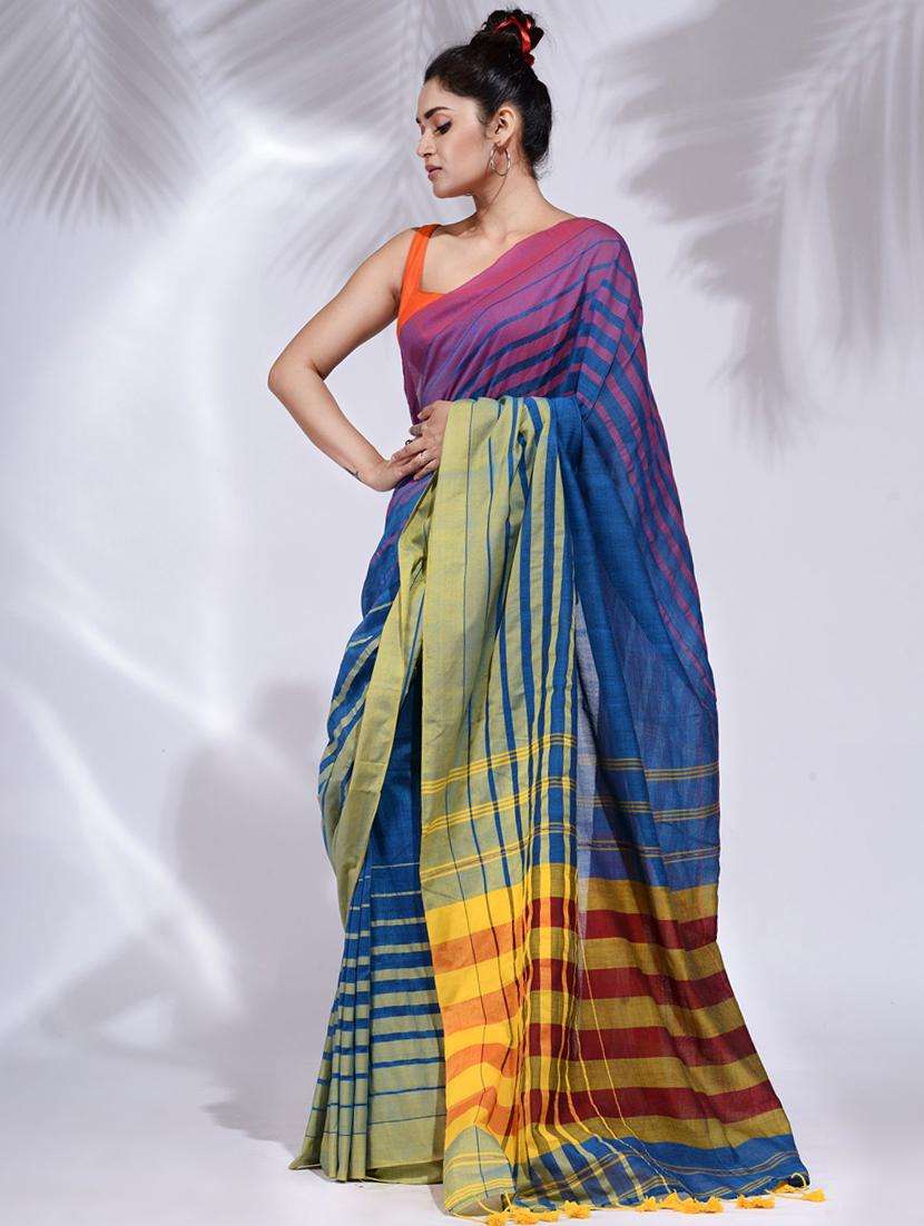 women striped handloom saree with blouse - 22045692 -  Standard Image - 2
