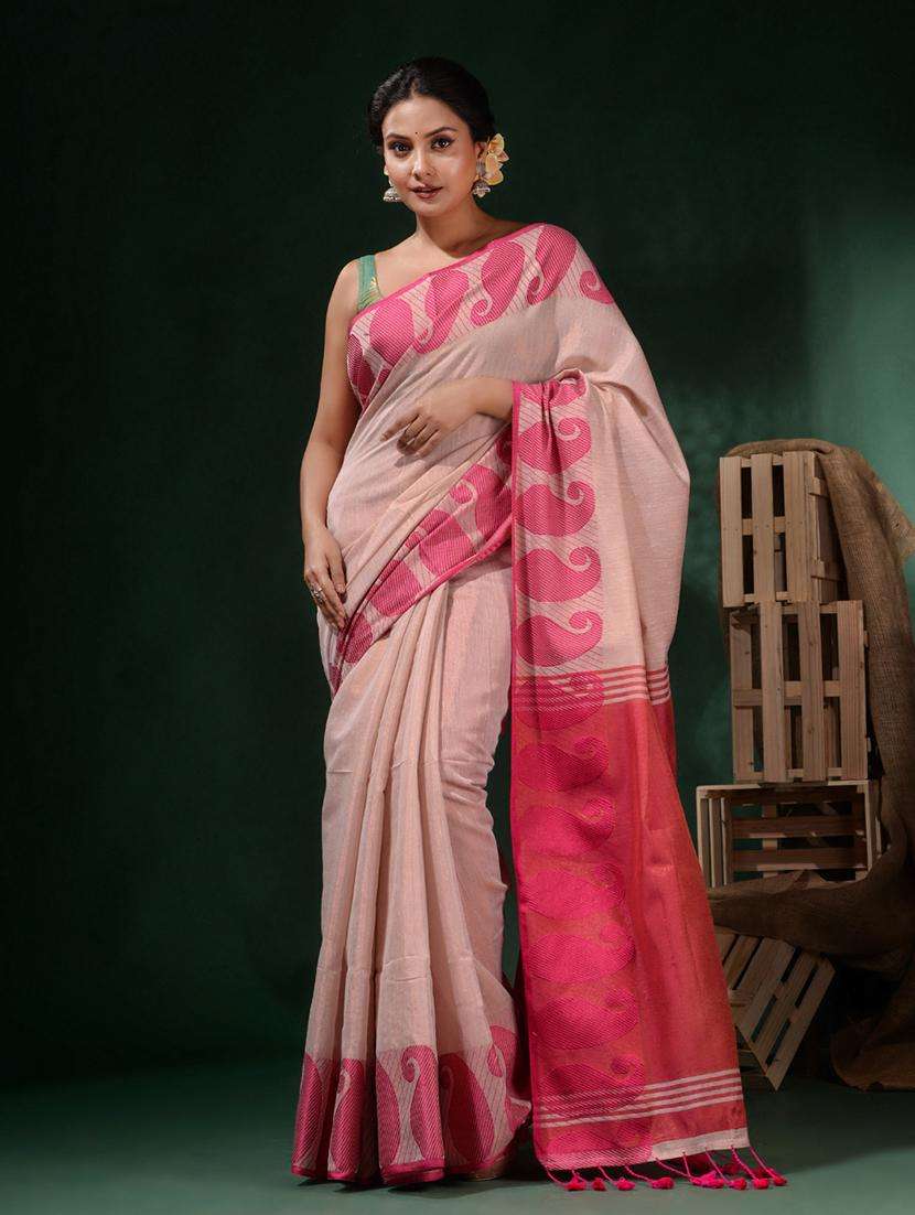 women solid with bordered handloom saree with blouse