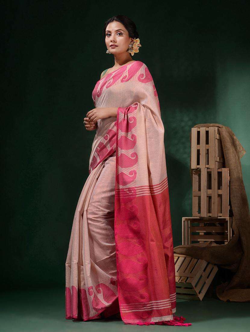 women solid with bordered handloom saree with blouse - 22045783 -  Standard Image - 2