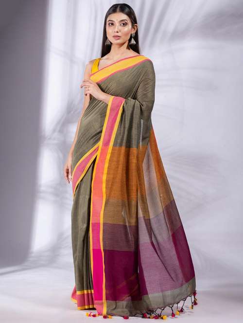 women solid with bordered handloom saree with blouse - 22045861 - Standard Image - 0