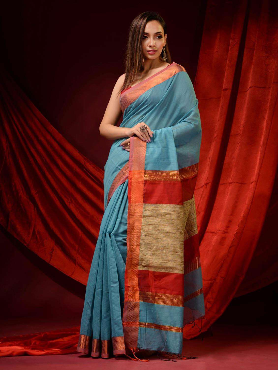 women solid with bordered saree with blouse - 22046029 -  Standard Image - 2