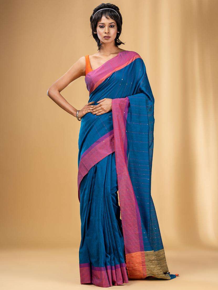 women solid with work bordered saree with blouse