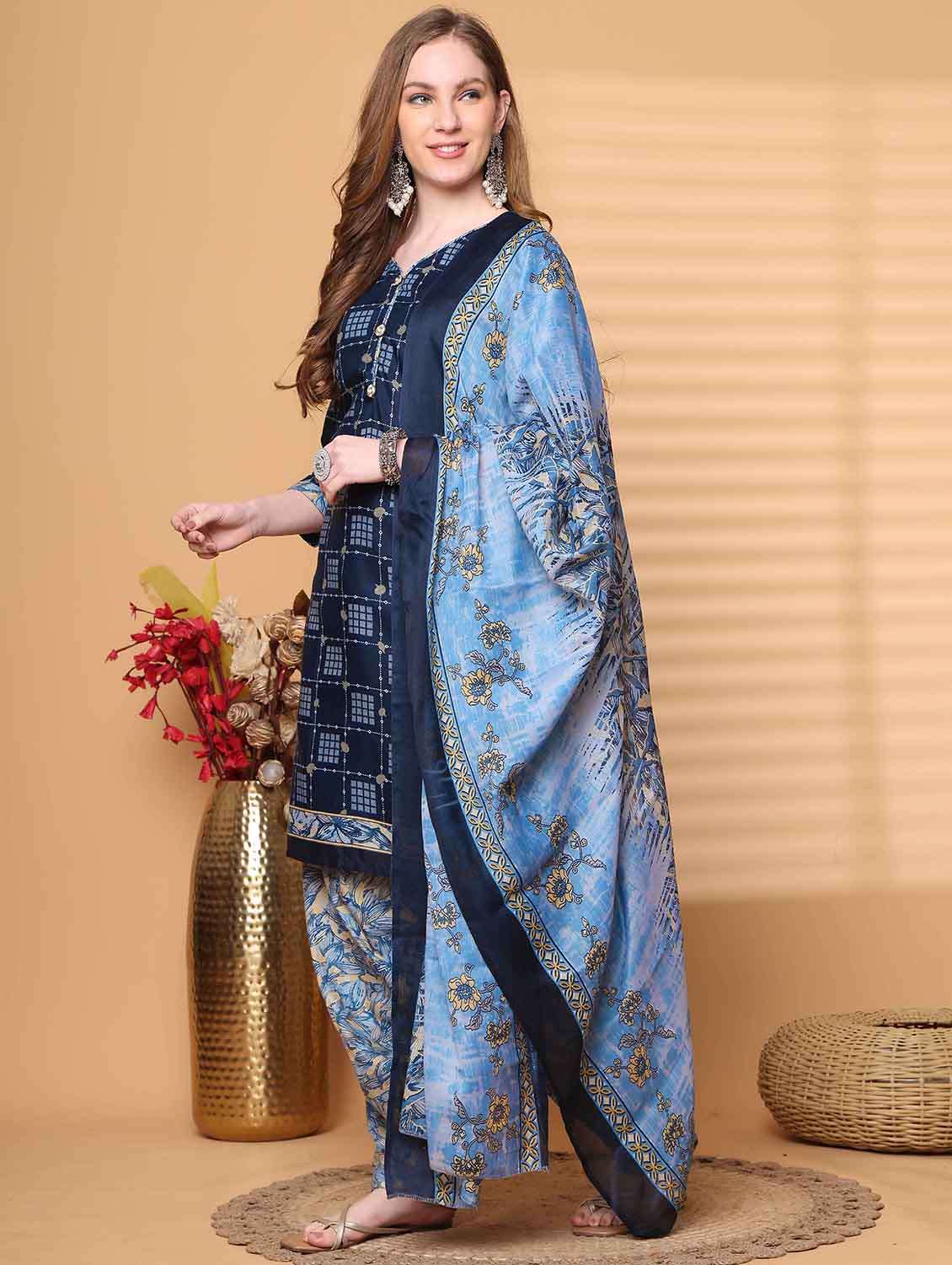women printed three quarter sleeve kurta salwar with dupatta set - 22047819 -  Standard Image - 2