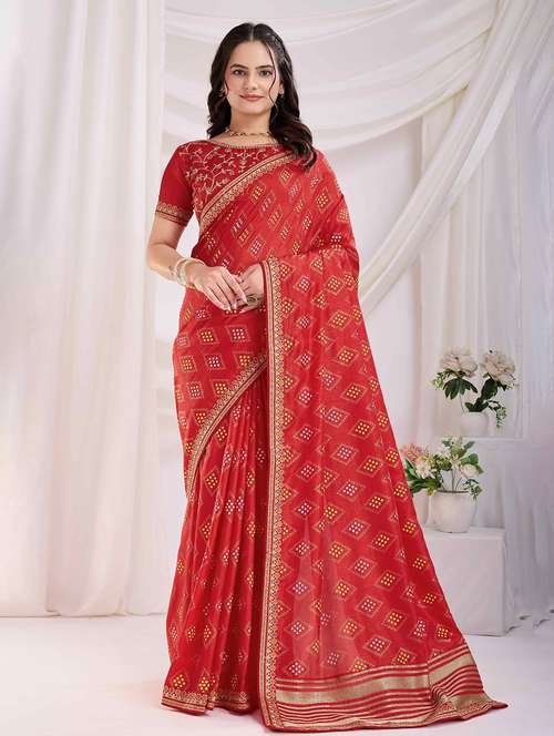 women bandhani printed bordered saree with blouse - 22047896 -  Standard Image - 0