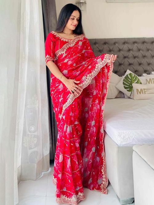 women floral printed embroidered saree with blouse - 22047913 - Standard Image - 0