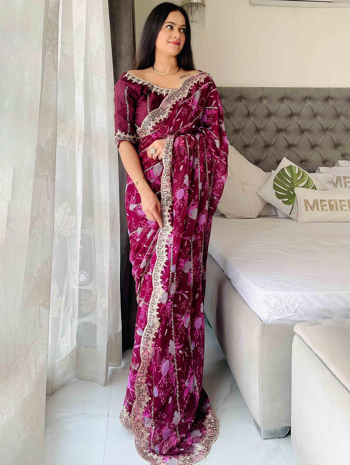 women floral printed embroidered saree with blouse - 22047914 - Zoom Image - 0