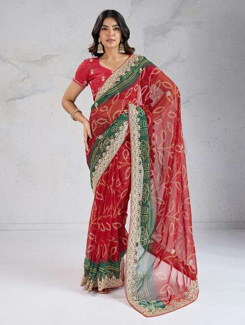women bandhani printed bordered saree with blouse - 22047953 -  Standard Image - 0