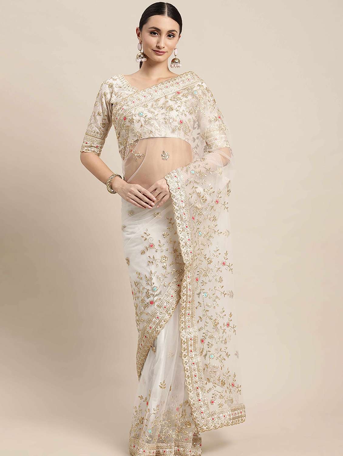 women solid with work embroidered saree with blouse