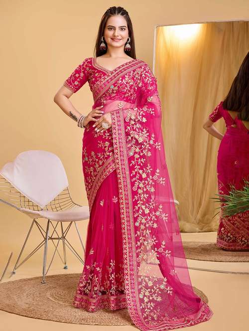 women solid with work embroidered saree with blouse - 22047956 -  Standard Image - 0