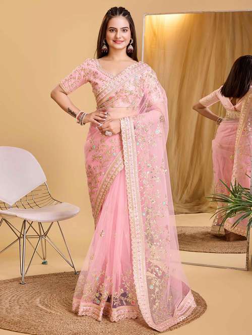 women solid with work embroidered saree with blouse - 22047958 -  Standard Image - 0