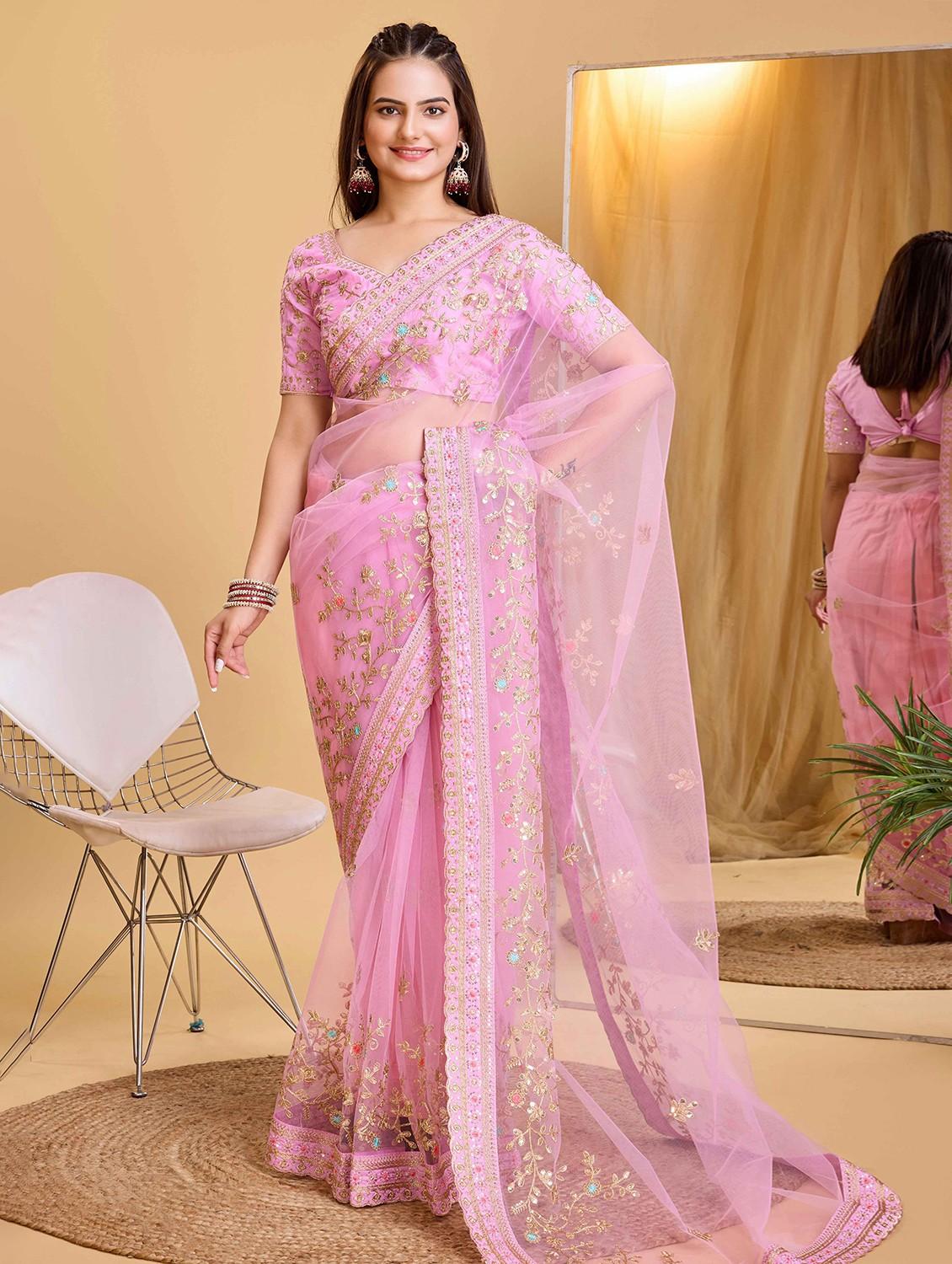 women solid with work embroidered saree with blouse - 22047960 -  Zoom Image - 0