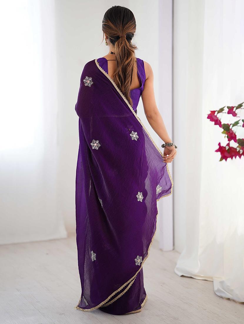 women solid with work embellished saree with blouse - 22047998 - Standard Image - 2