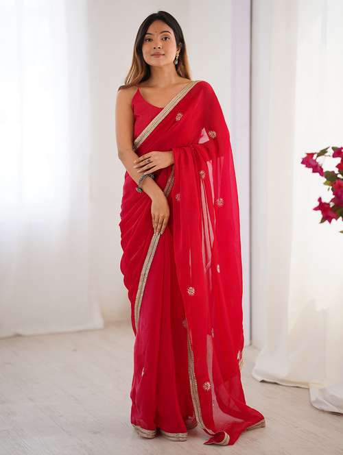 women solid with work embellished saree with blouse - 22048010 -  Standard Image - 0