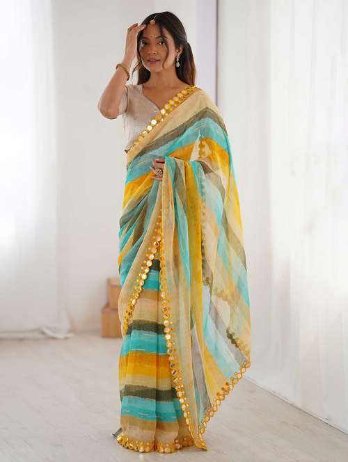 women striped printed saree with blouse - 22048015 - Standard Image - 0