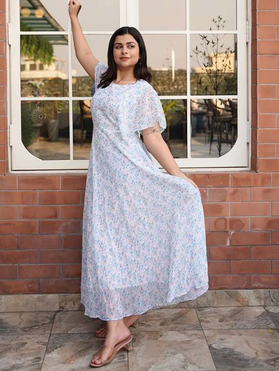 women floral print flared sleeve fit & flare dress