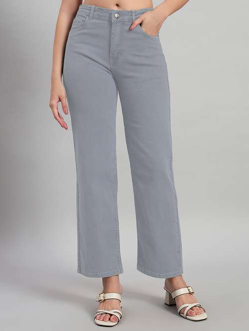 women solid high rise staright fit jeans - 22048051 - Standard Image - 0