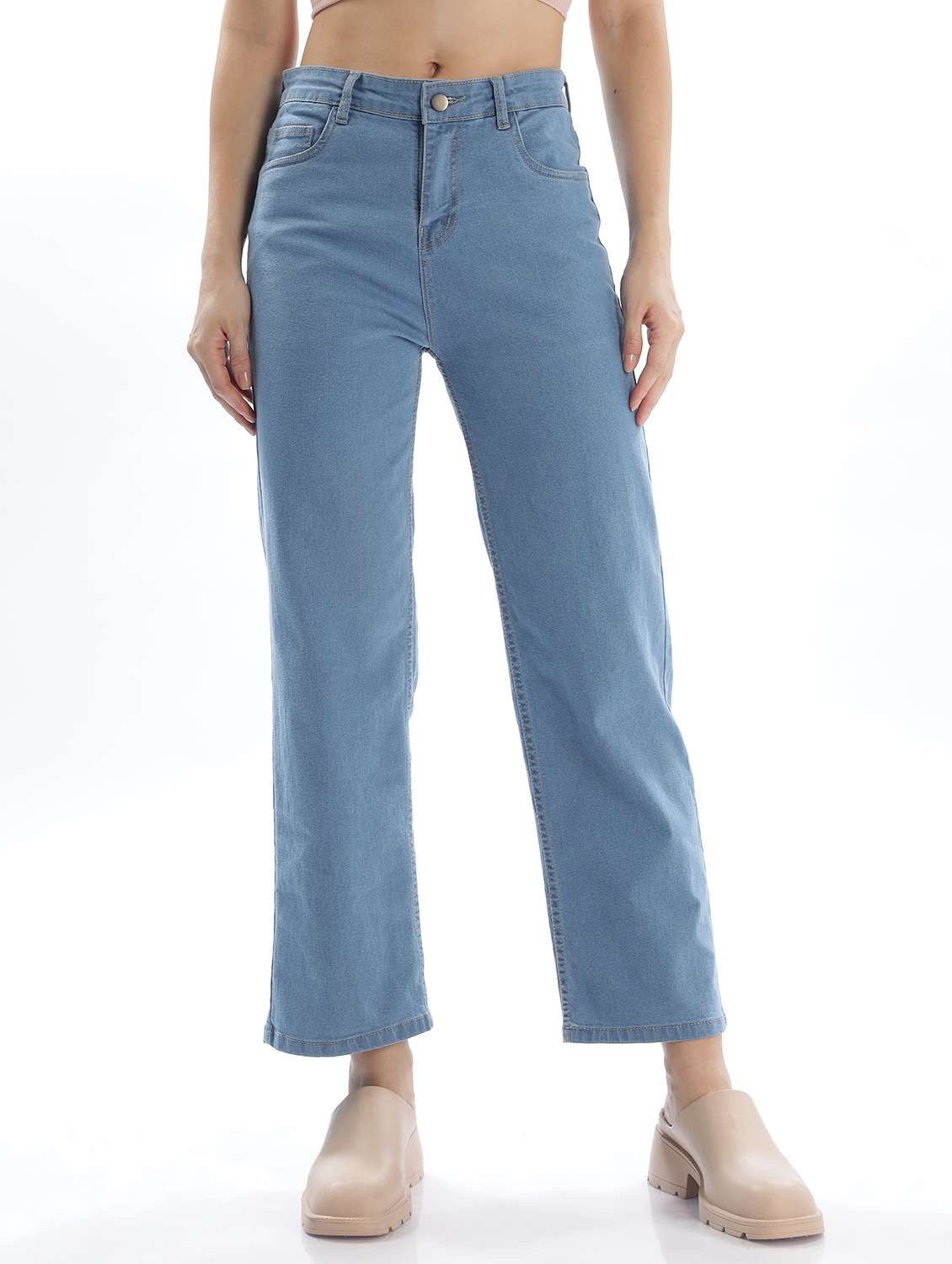 women solid mid rise straight fit jean