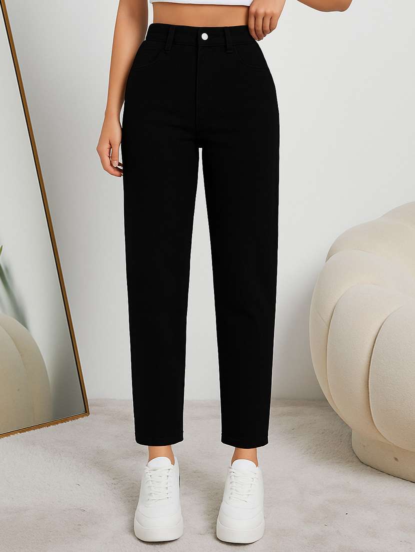 women solid high rise staright fit jeans  