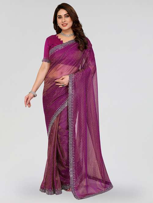 women solid with work embellished saree with blouse - 22048131 - Standard Image - 0