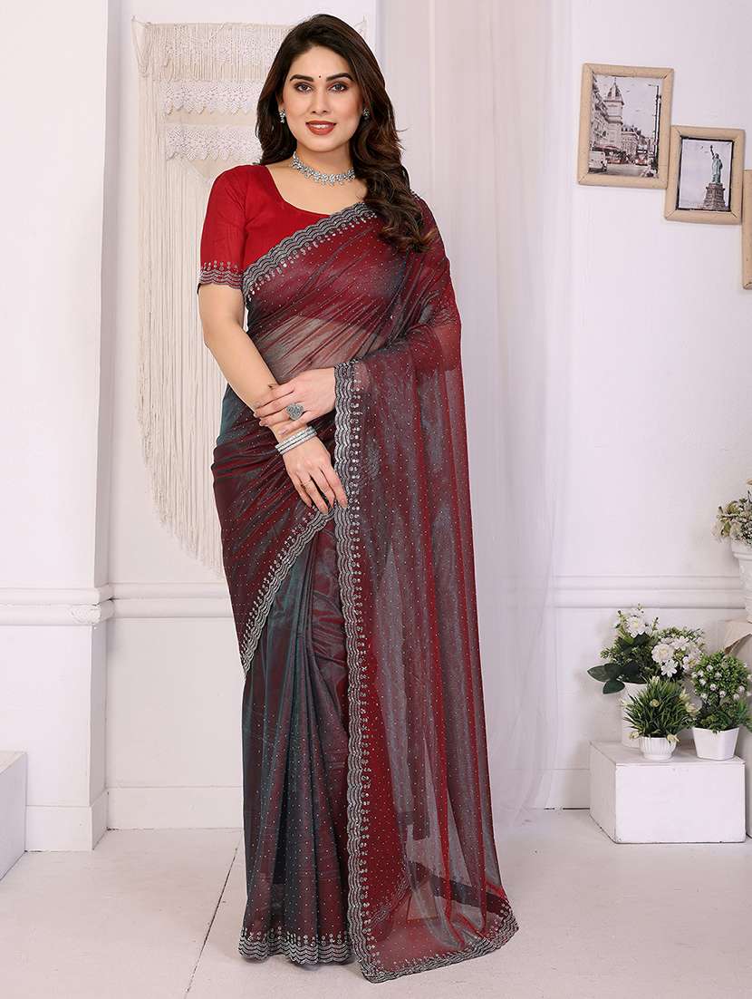 women solid with work embellished saree with blouse