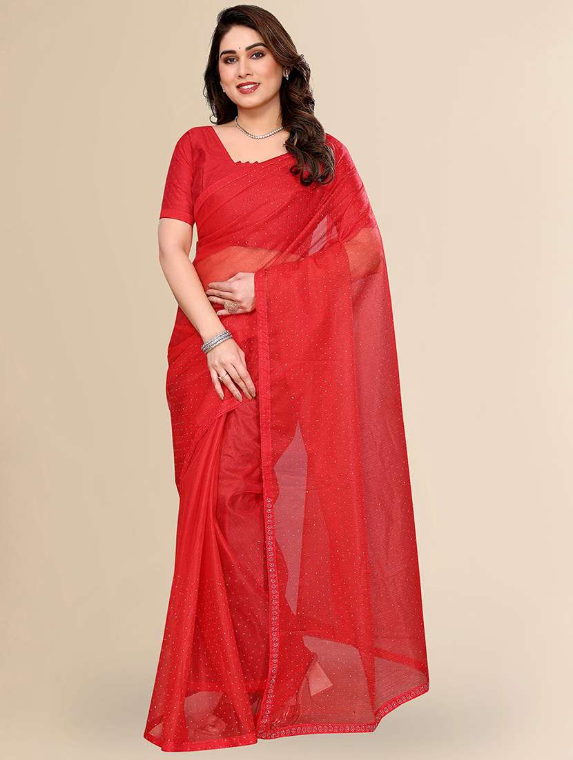 women solid with work embellished saree with blouse