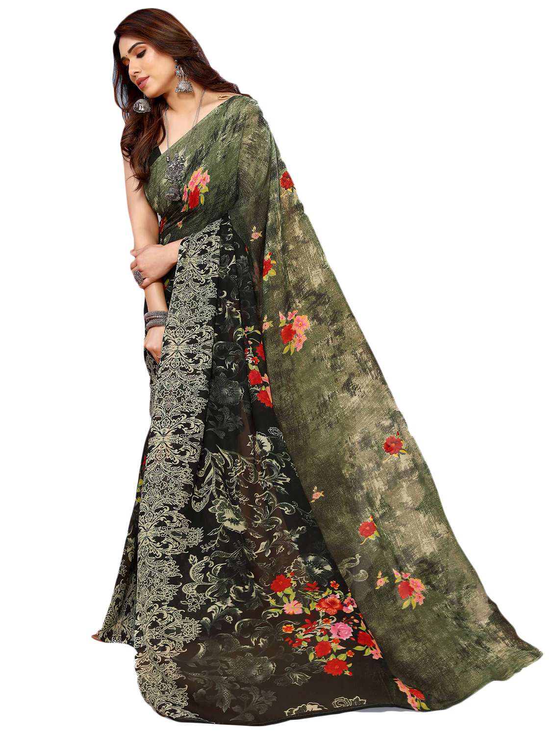 women printed casual wear saree with blouse - 22048312 -  Standard Image - 2