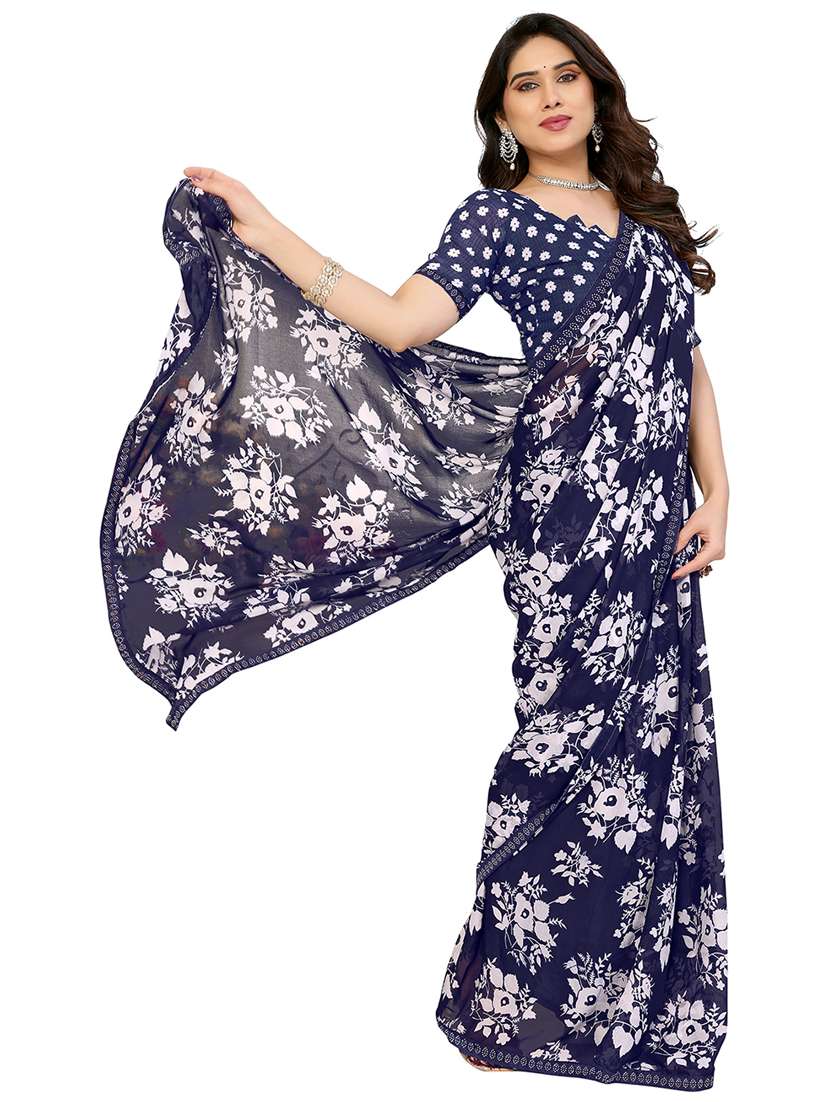 blue georgette bordered saree with blouse - 22048534 -  Standard Image - 2