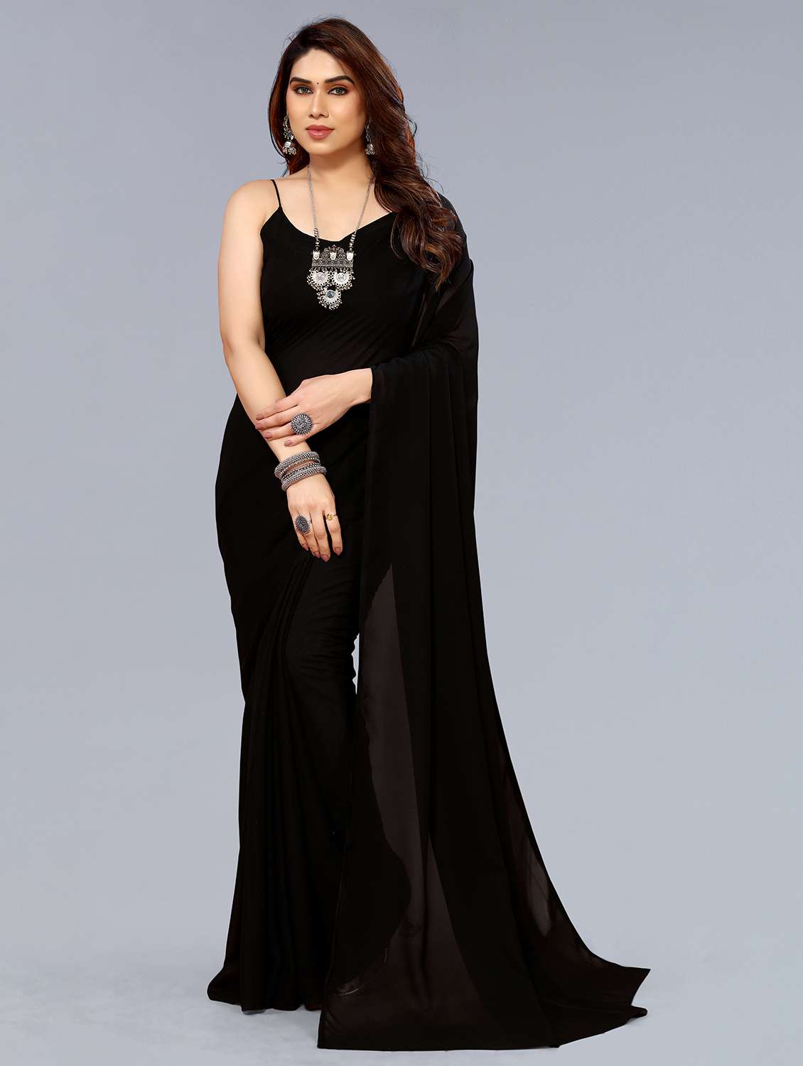 women solid plain saree with blouse