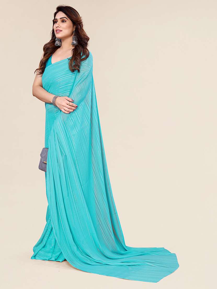 women striped plain saree with blouse - 22050038 -  Standard Image - 2