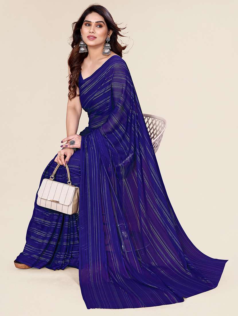 women striped plain saree with blouse - 22050039 -  Standard Image - 2
