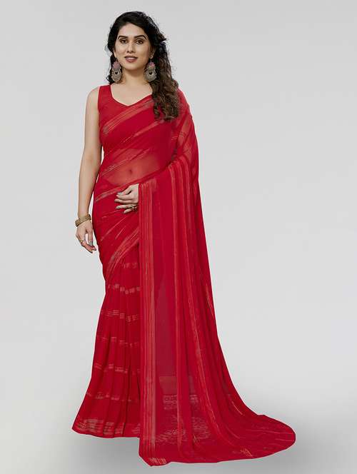 women striped plain saree with blouse - 22050180 -  Standard Image - 0