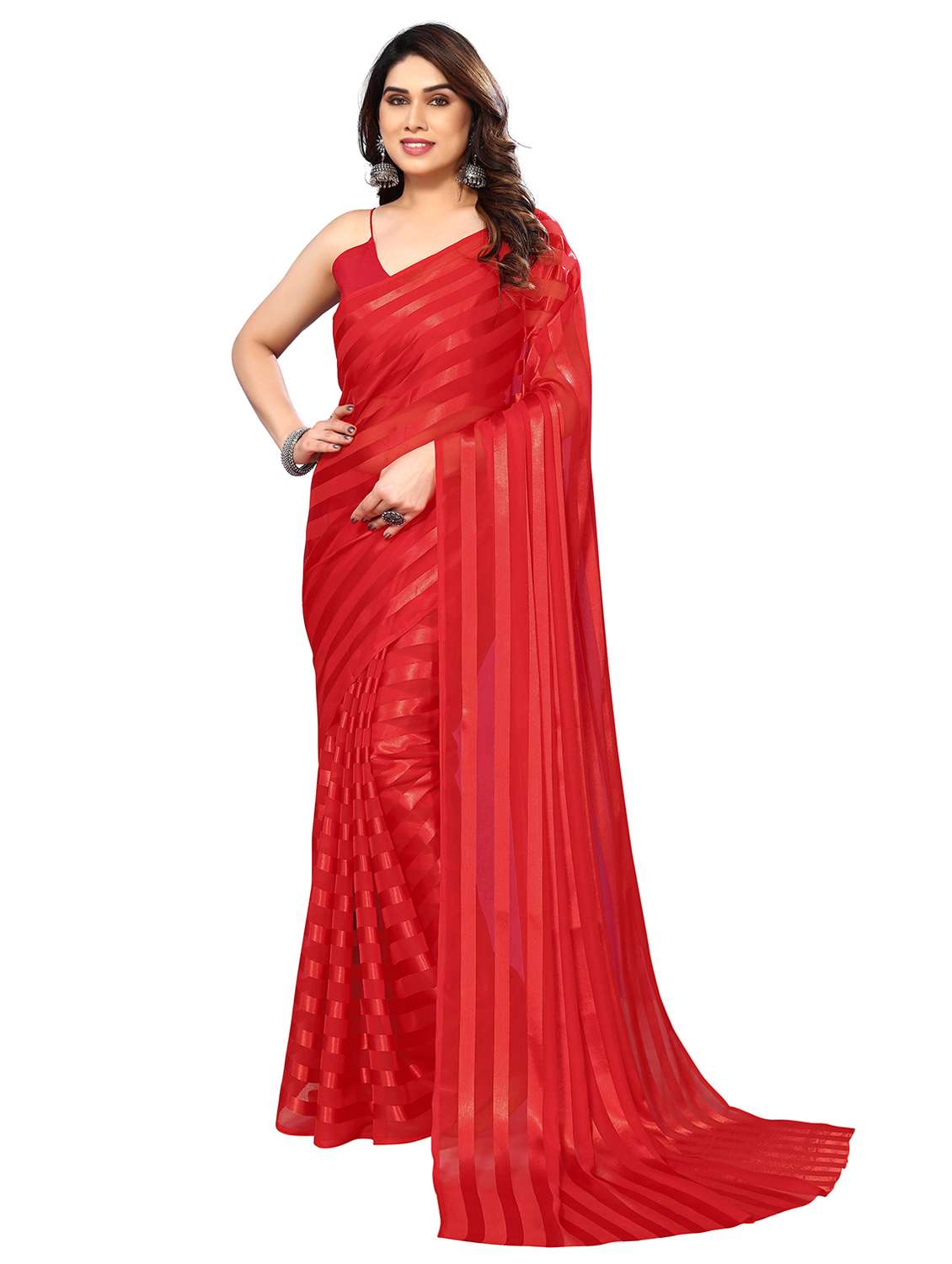 women striped plain saree with blouse