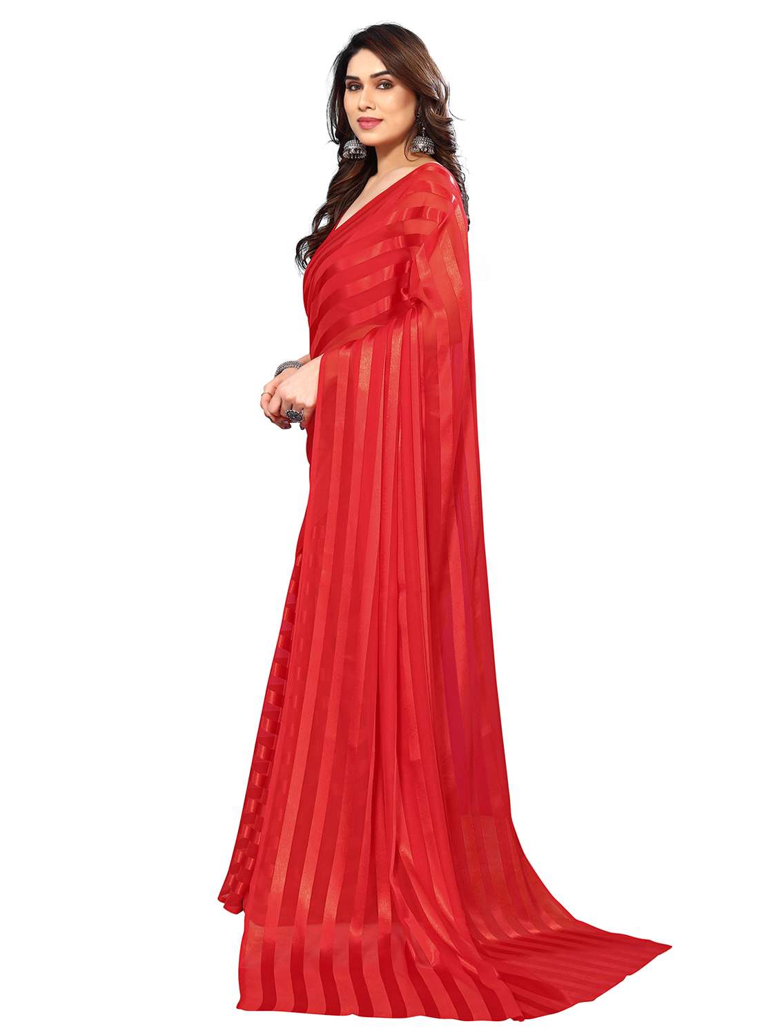 women striped plain saree with blouse - 22050225 -  Standard Image - 2