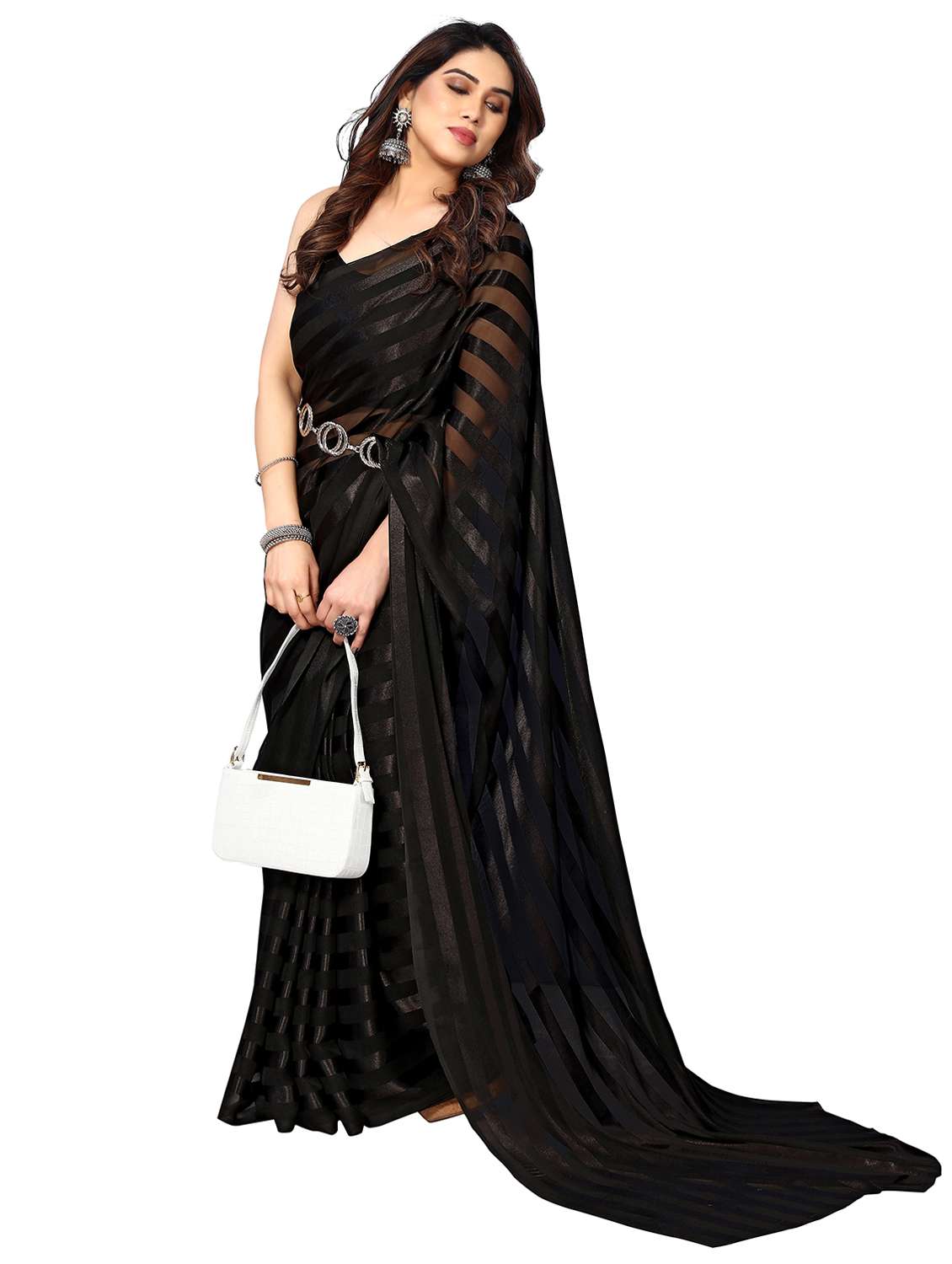 women striped plain saree with blouse - 22050226 -  Standard Image - 2